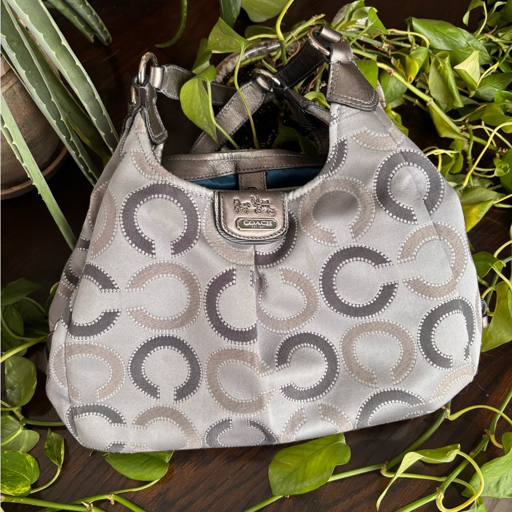 Coach Silver and Gray Patterned Shoulder Bag